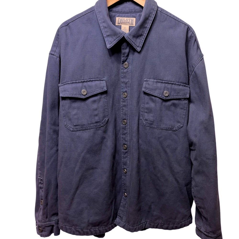 Duluth Trading Co Mens XL Blue Canvas F.O.M. Gusset Lined Workwear Shirt Jacket